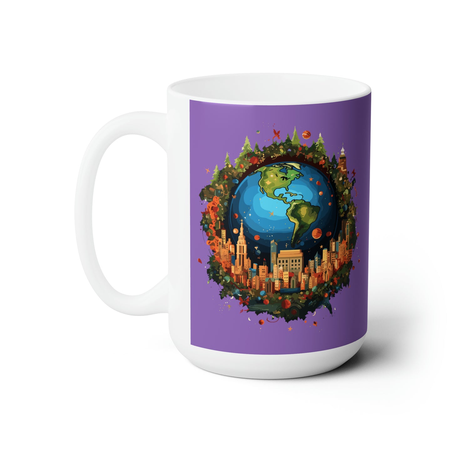 Earth in Christmas decorations and a big Christmas tree, Light purple Ceramic Mug 15oz