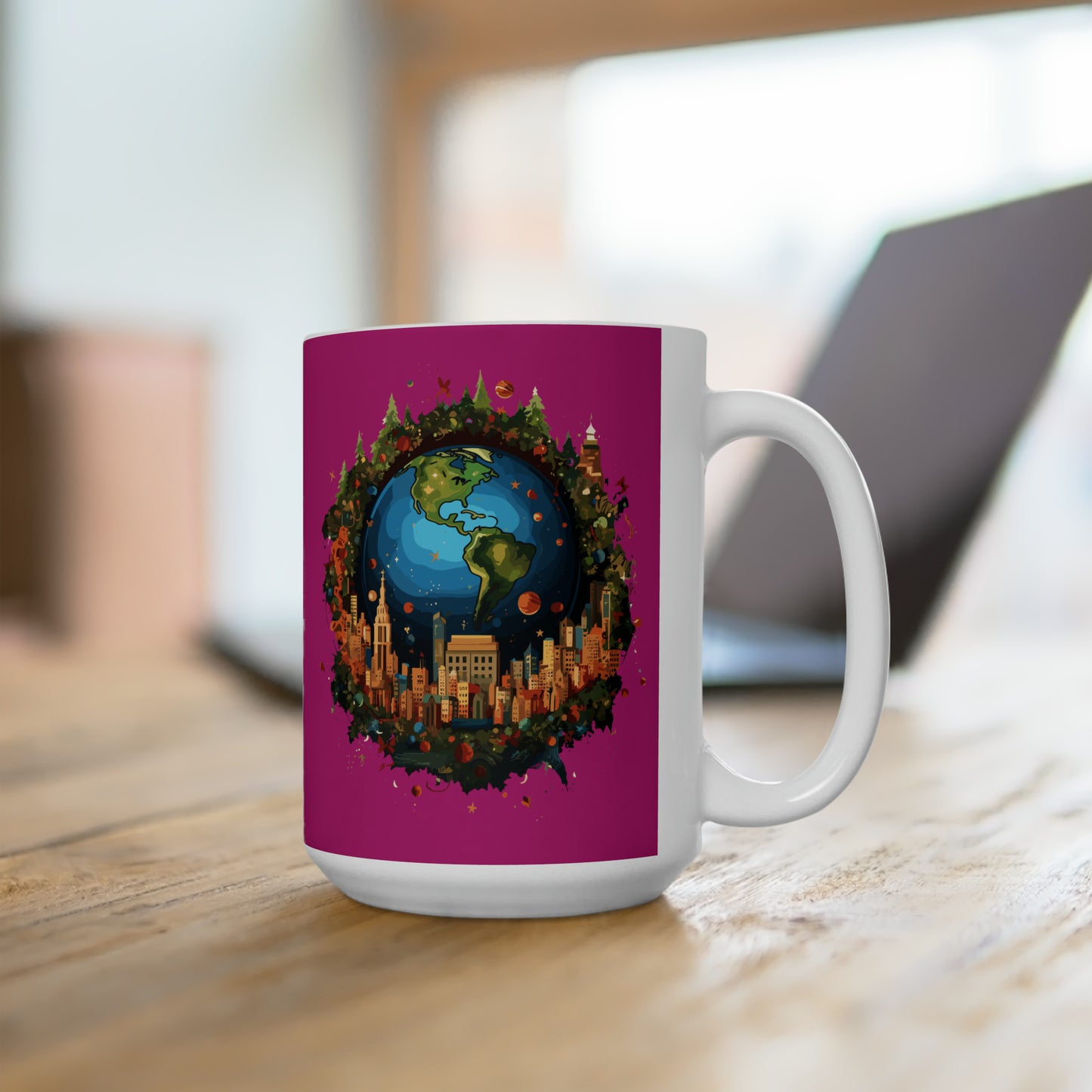 Earth in Christmas decorations and a big Christmas tree, Pink Ceramic Mug 15oz