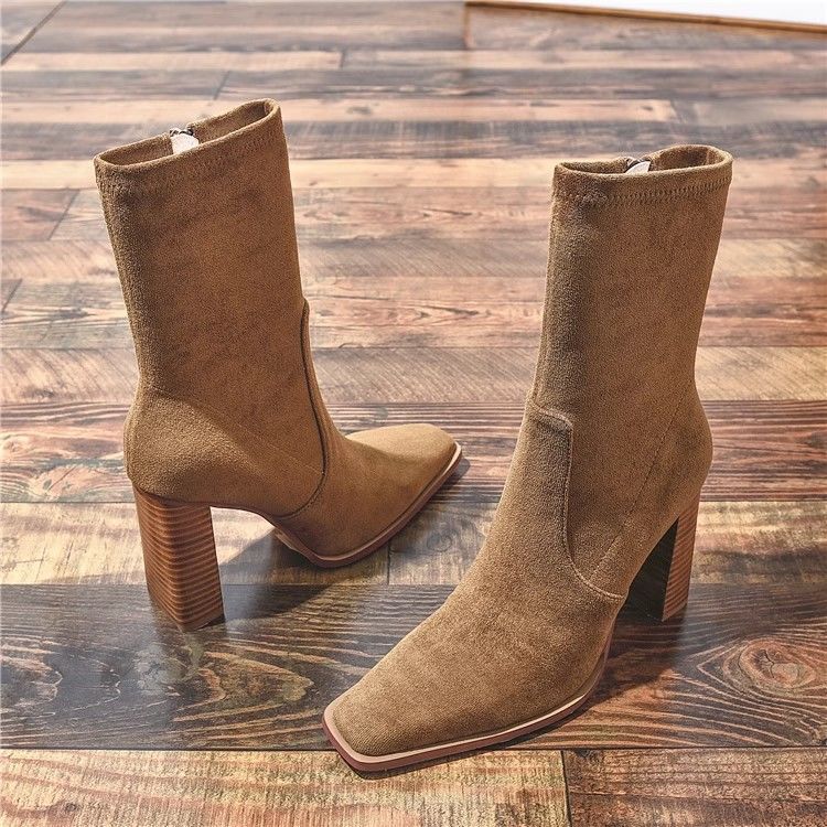 Square Toe Fleece-Lined Chunky Heel French Boots