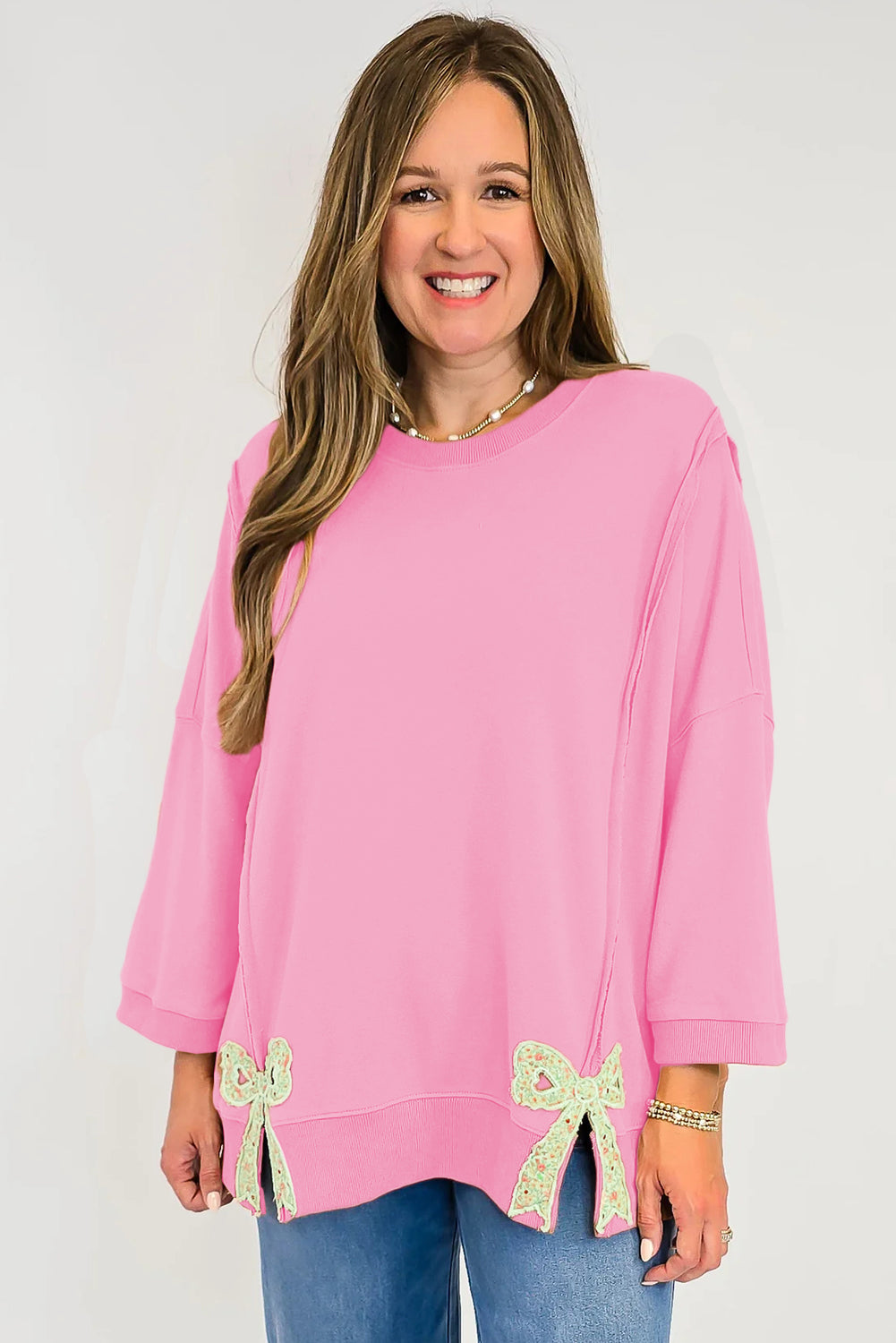 Fiery Red Floral Bow Patched Baggy Sweatshirt