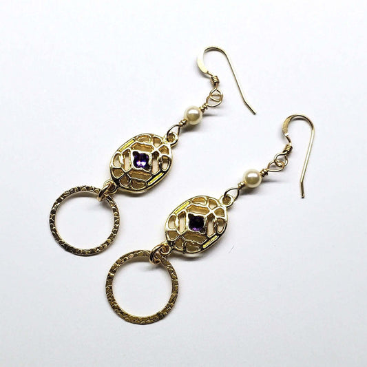 Purple Crystal 14 K Gold Filled Hammered Circle Filigree Earrings