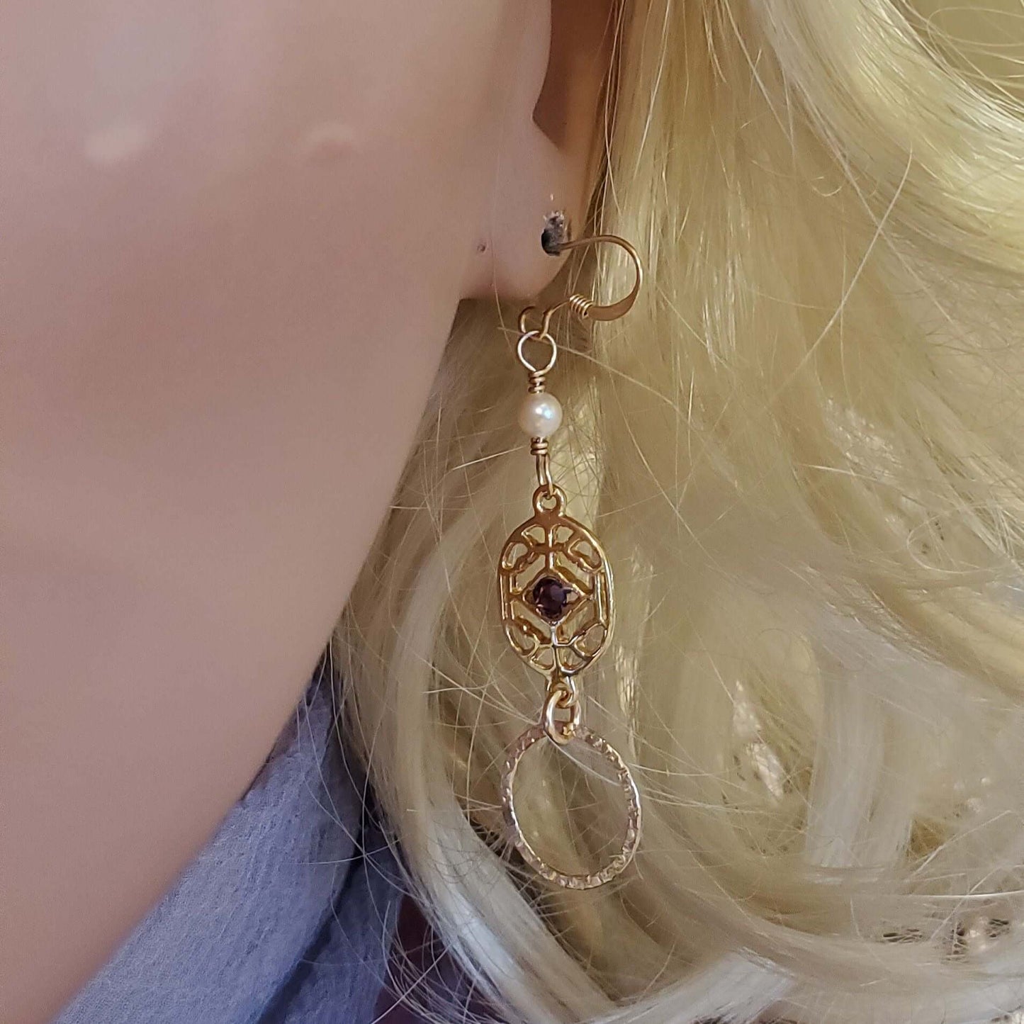 Purple Crystal 14 K Gold Filled Hammered Circle Filigree Earrings