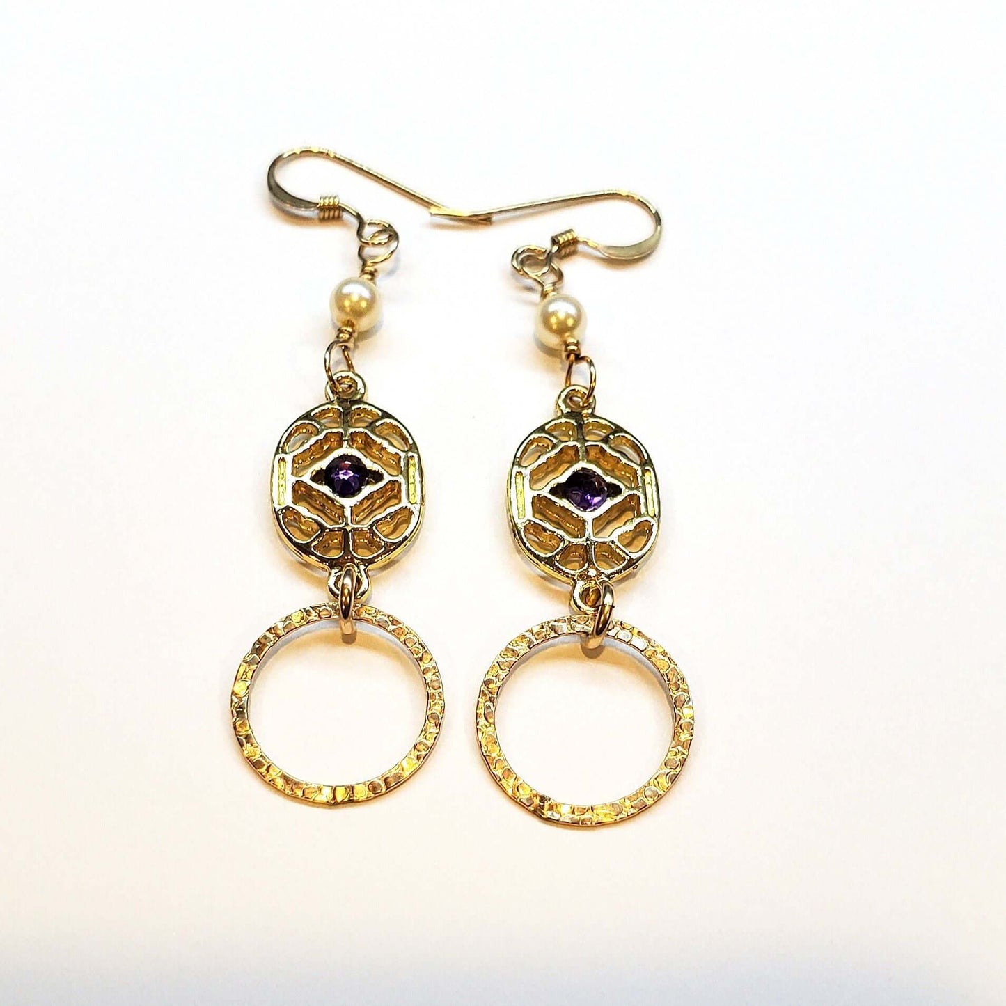 Purple Crystal 14 K Gold Filled Hammered Circle Filigree Earrings