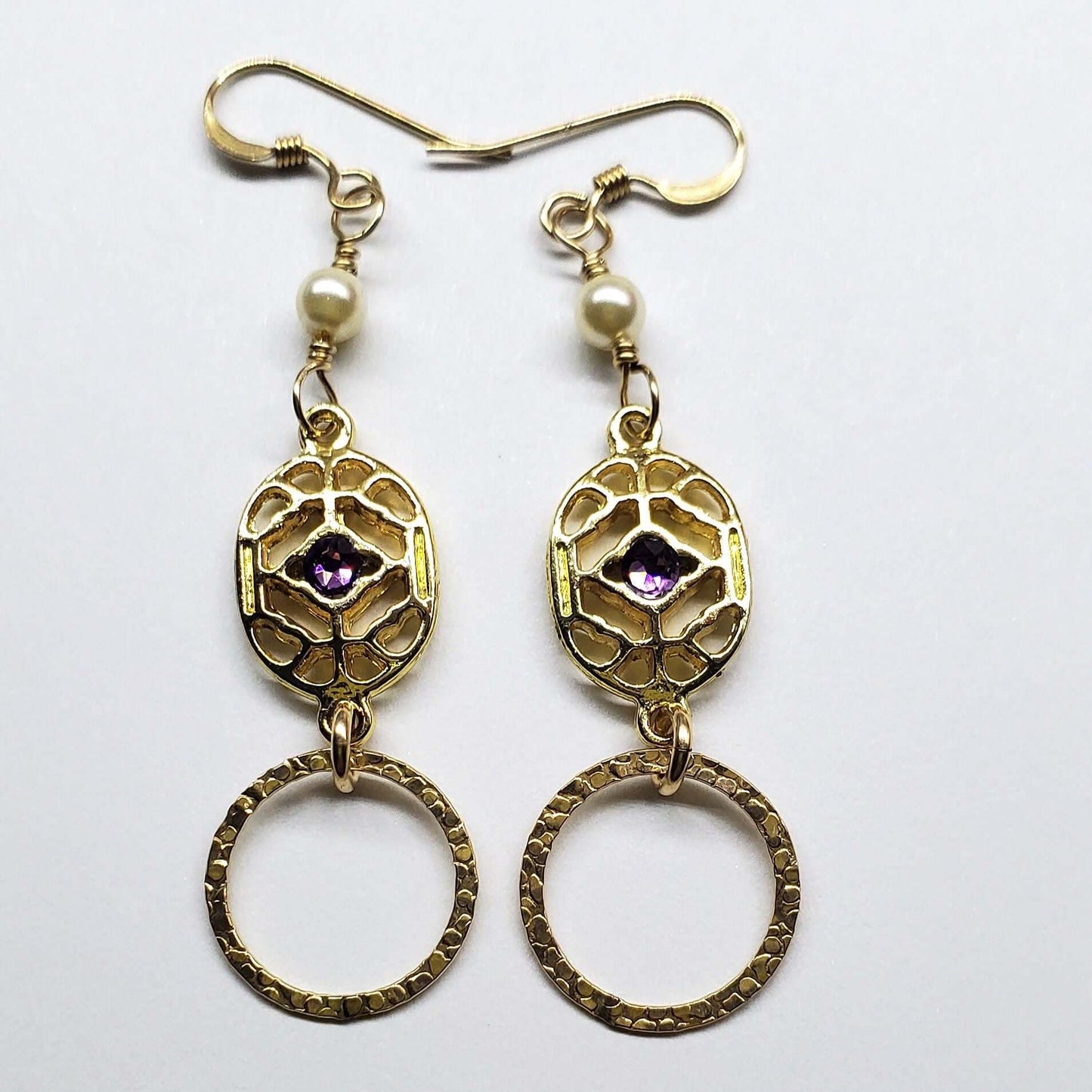 Purple Crystal 14 K Gold Filled Hammered Circle Filigree Earrings