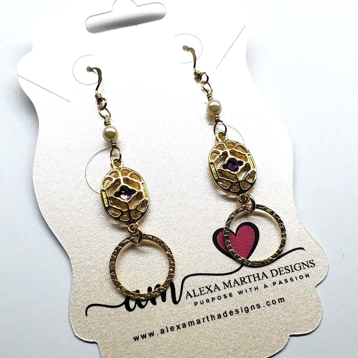 Purple Crystal 14 K Gold Filled Hammered Circle Filigree Earrings