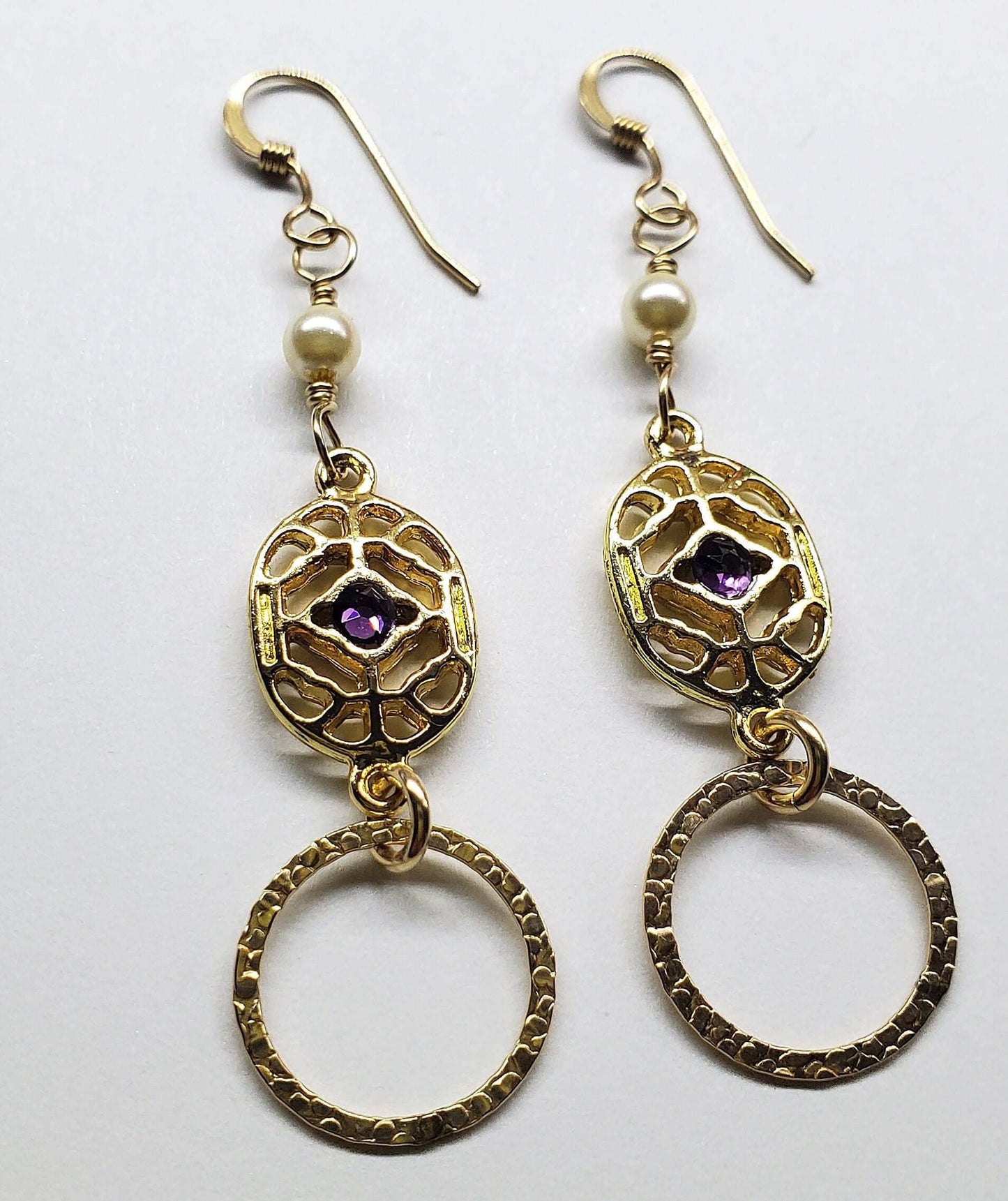 Purple Crystal 14 K Gold Filled Hammered Circle Filigree Earrings