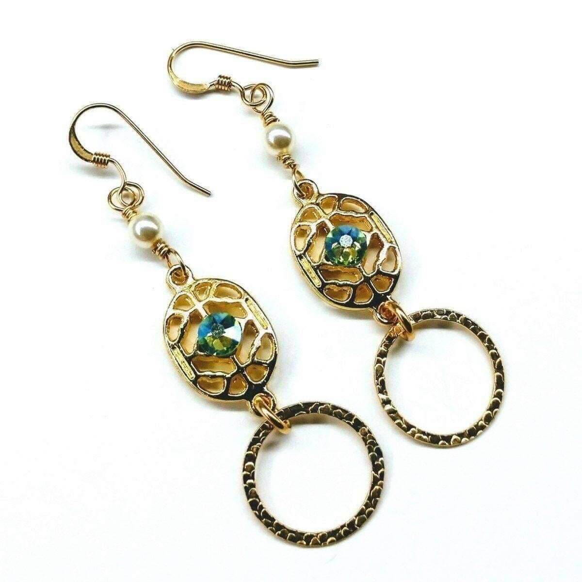Green Crystal Hammered Circle Filigree Earrings 14 KT Gold Filled