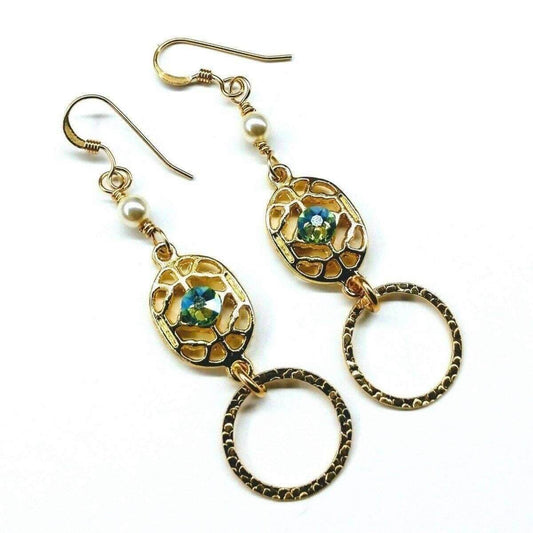 Green Crystal Hammered Circle Filigree Earrings 14 KT Gold Filled