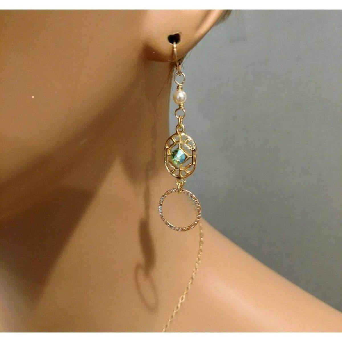 Green Crystal Hammered Circle Filigree Earrings 14 KT Gold Filled