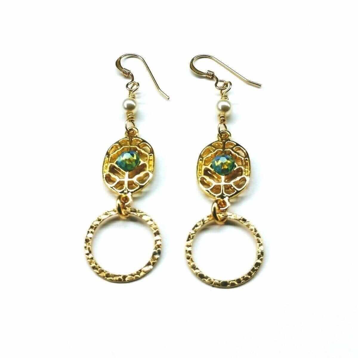 Green Crystal Hammered Circle Filigree Earrings 14 KT Gold Filled