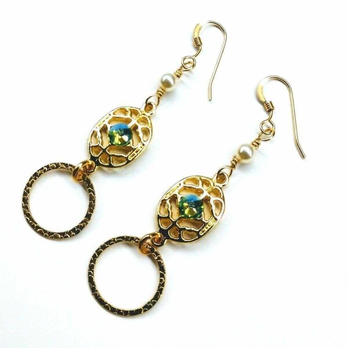 Green Crystal Hammered Circle Filigree Earrings 14 KT Gold Filled