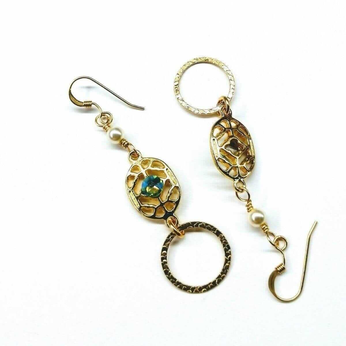 Green Crystal Hammered Circle Filigree Earrings 14 KT Gold Filled