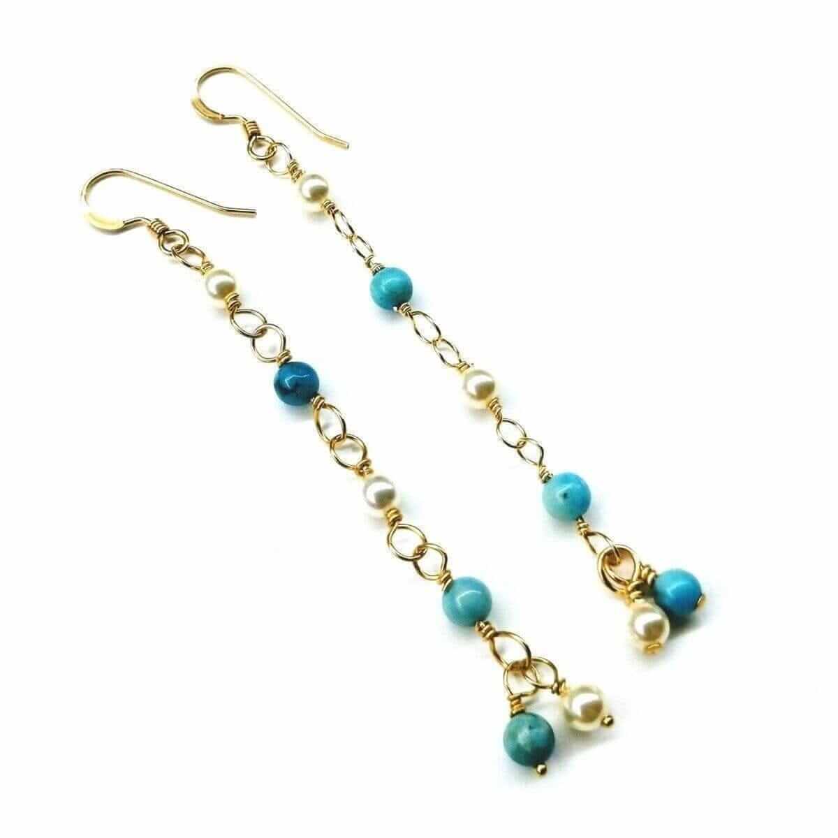 Turquoise Pearl Dangle Earrings 14 KT Gold Filled Wire Wrapped Long Alexa Martha