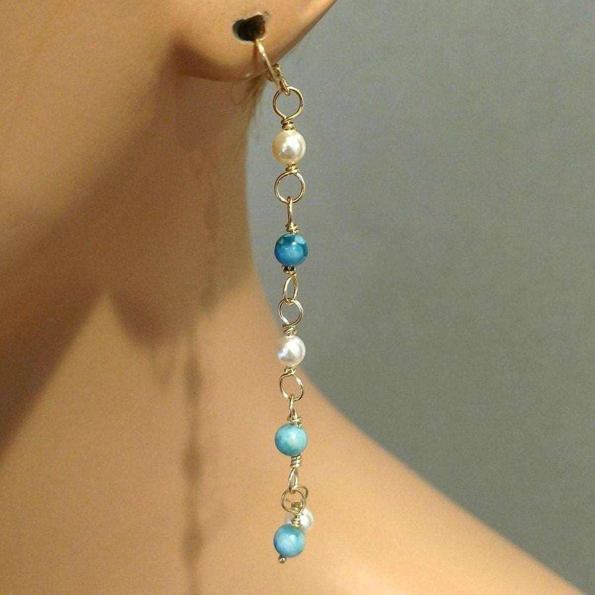 Turquoise Pearl Dangle Earrings 14 KT Gold Filled Wire Wrapped Long Alexa Martha