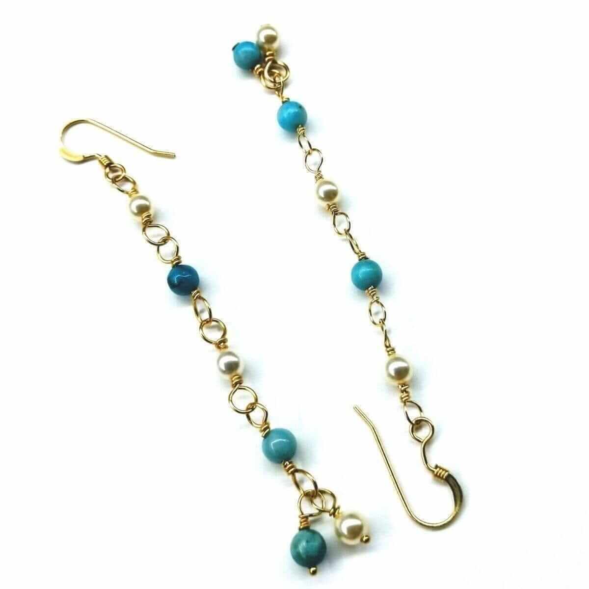 Turquoise Pearl Dangle Earrings 14 KT Gold Filled Wire Wrapped Long Alexa Martha