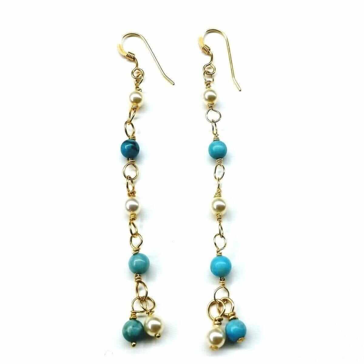 Turquoise Pearl Dangle Earrings 14 KT Gold Filled Wire Wrapped Long Alexa Martha