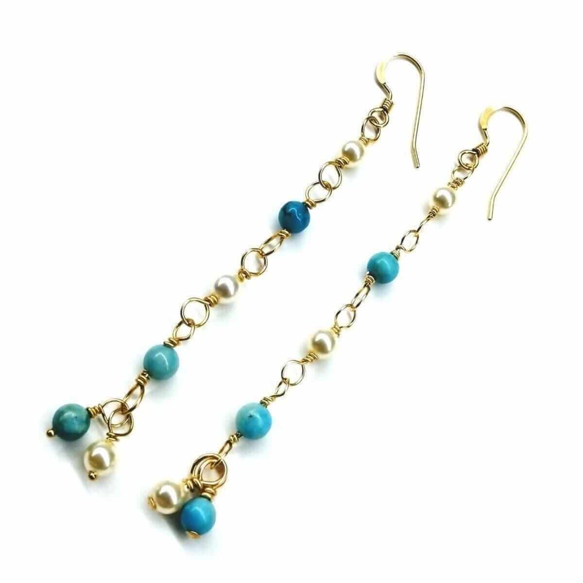 Turquoise Pearl Dangle Earrings 14 KT Gold Filled Wire Wrapped Long Alexa Martha