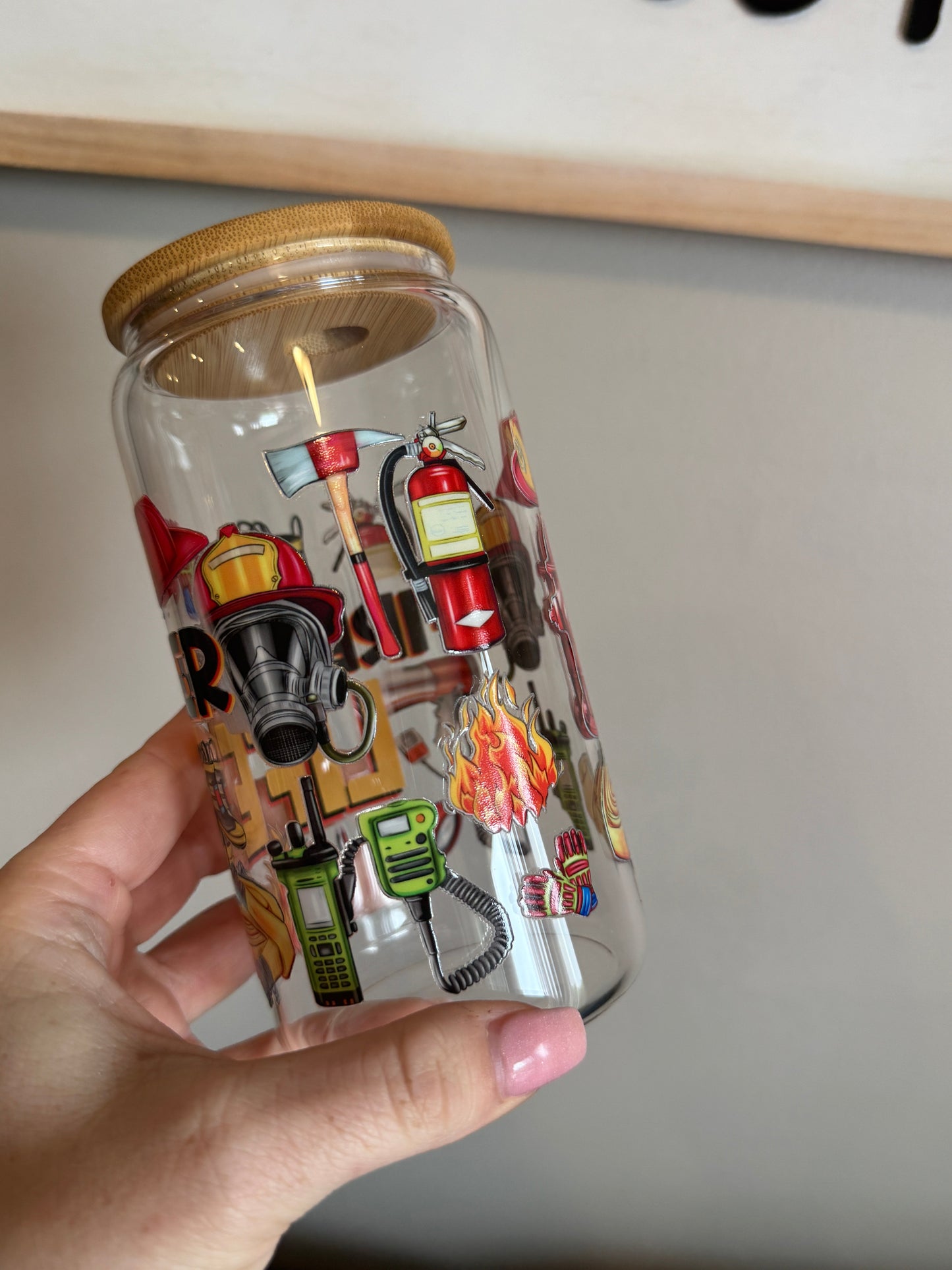 Firefighter Life 16oz Glass Cup Sawdust and Cedar