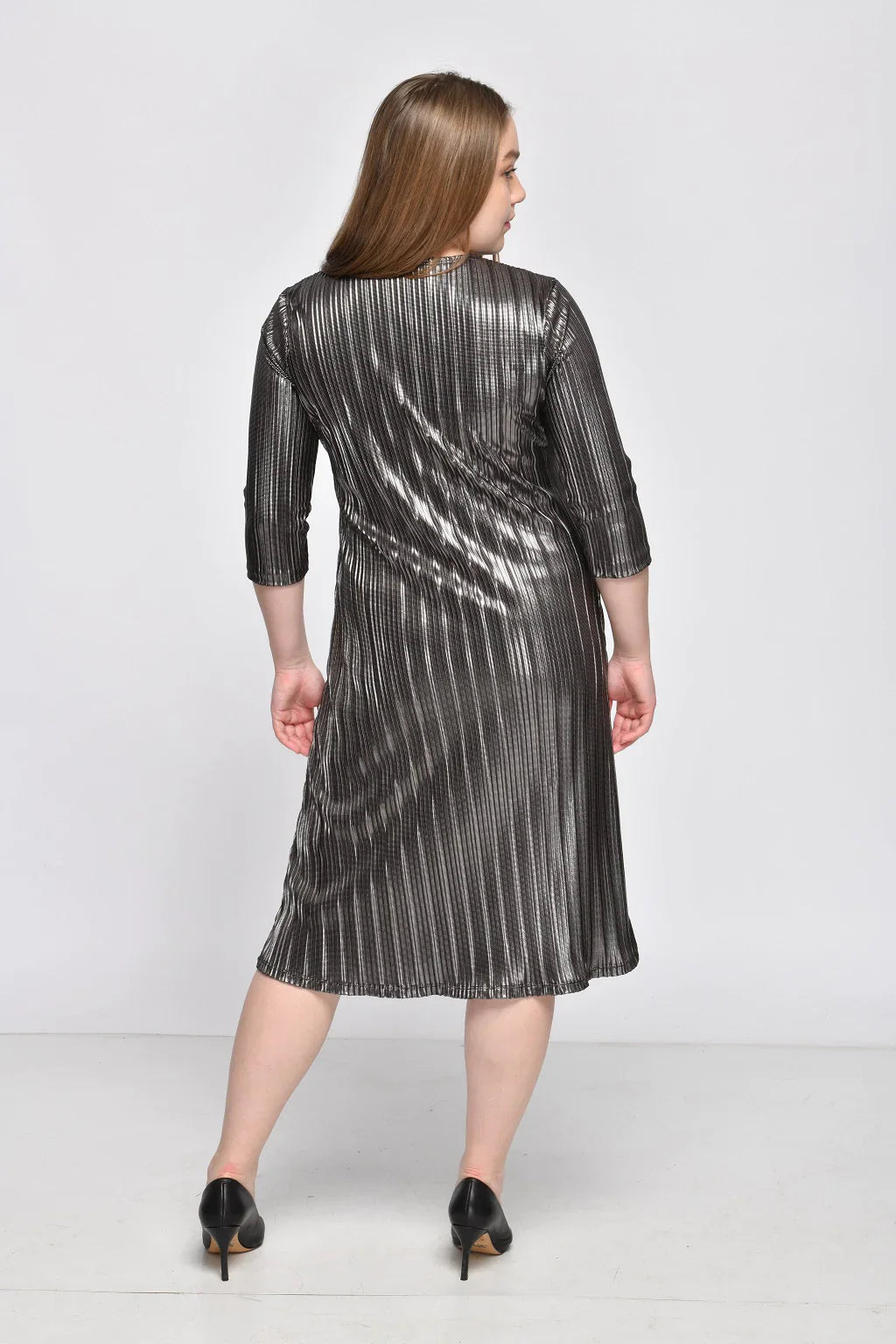 Metallic Pleated A-Line Dress 3/4 Sleeves