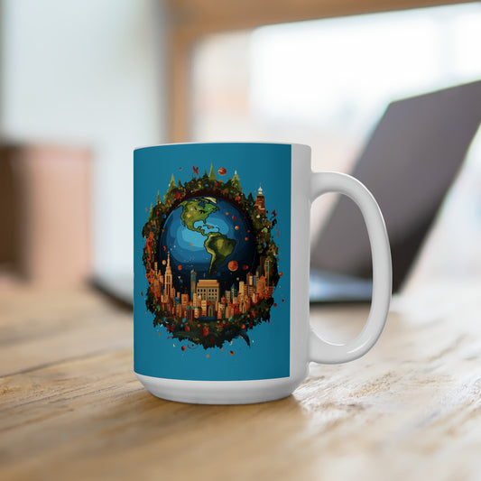 Earth in Christmas decorations and a big Christmas tree, light blue Ceramic Mug 15oz
