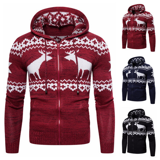 Men's Fawn Zipper Hooded Christmas Sweater