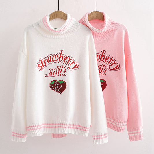 Strawberry embroidered cotton turtleneck sweater