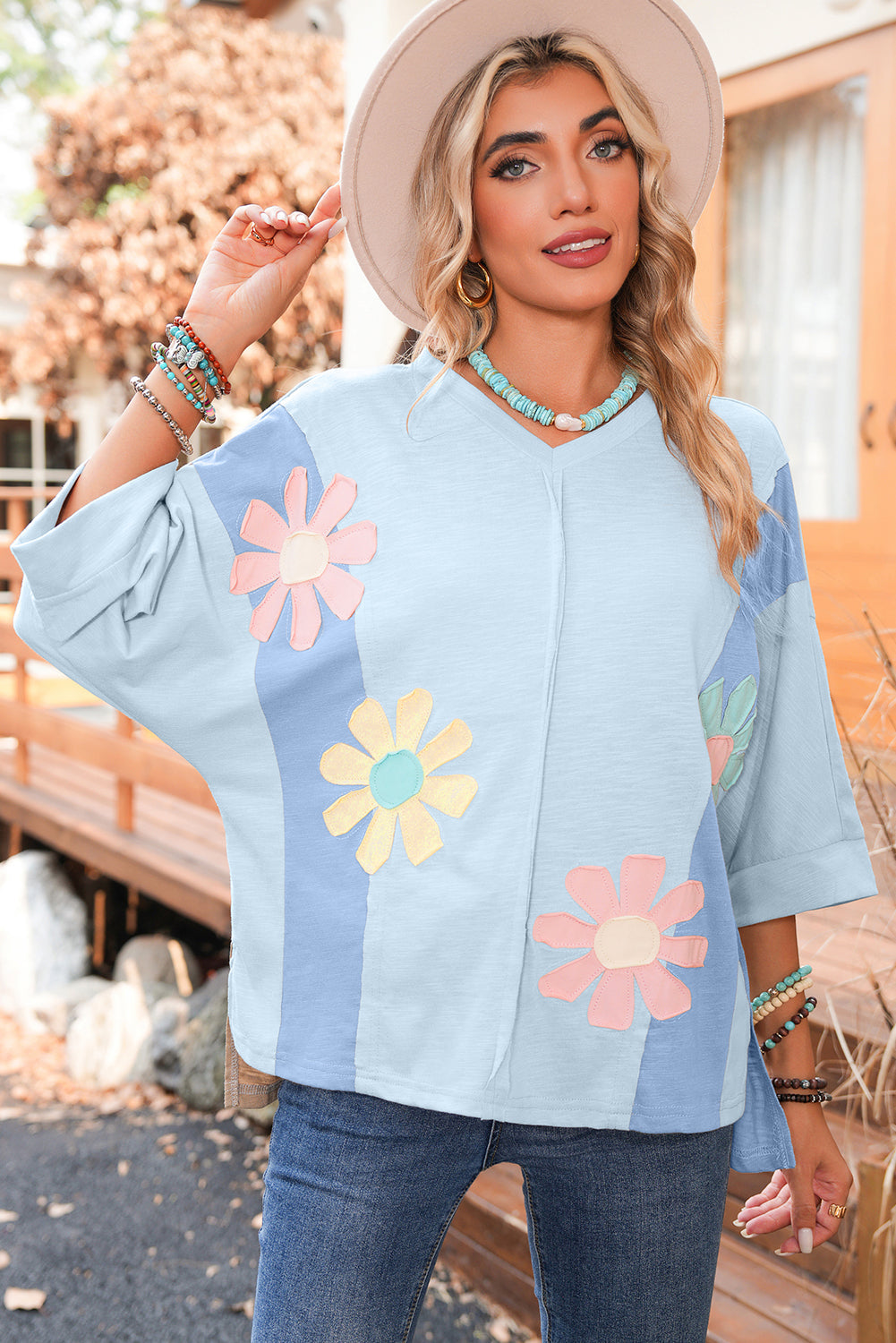 Green Flower Patched Exposed Seam 3/4 Sleeve Top