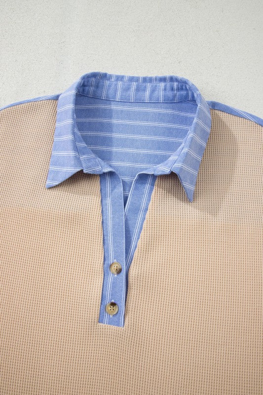 Plus Size Stripe Contrast Trim Waffle Knit Top