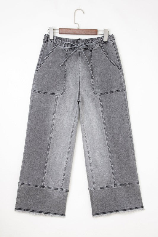 Denim Raw Hem Drawstring Wide Leg Pants