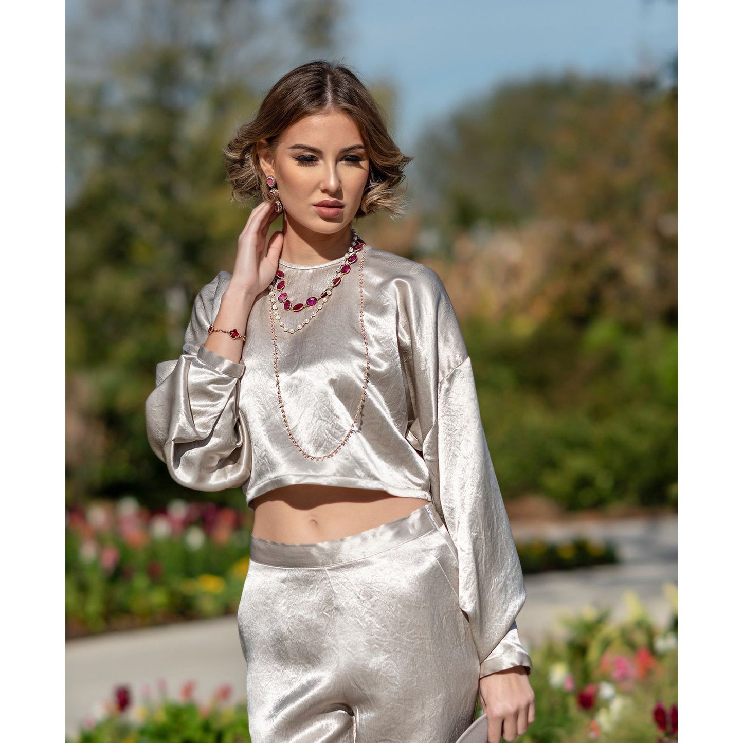 Sophie Beige Crop Top Luxury Japanese Silk Women's Cropped Top Le Reussi