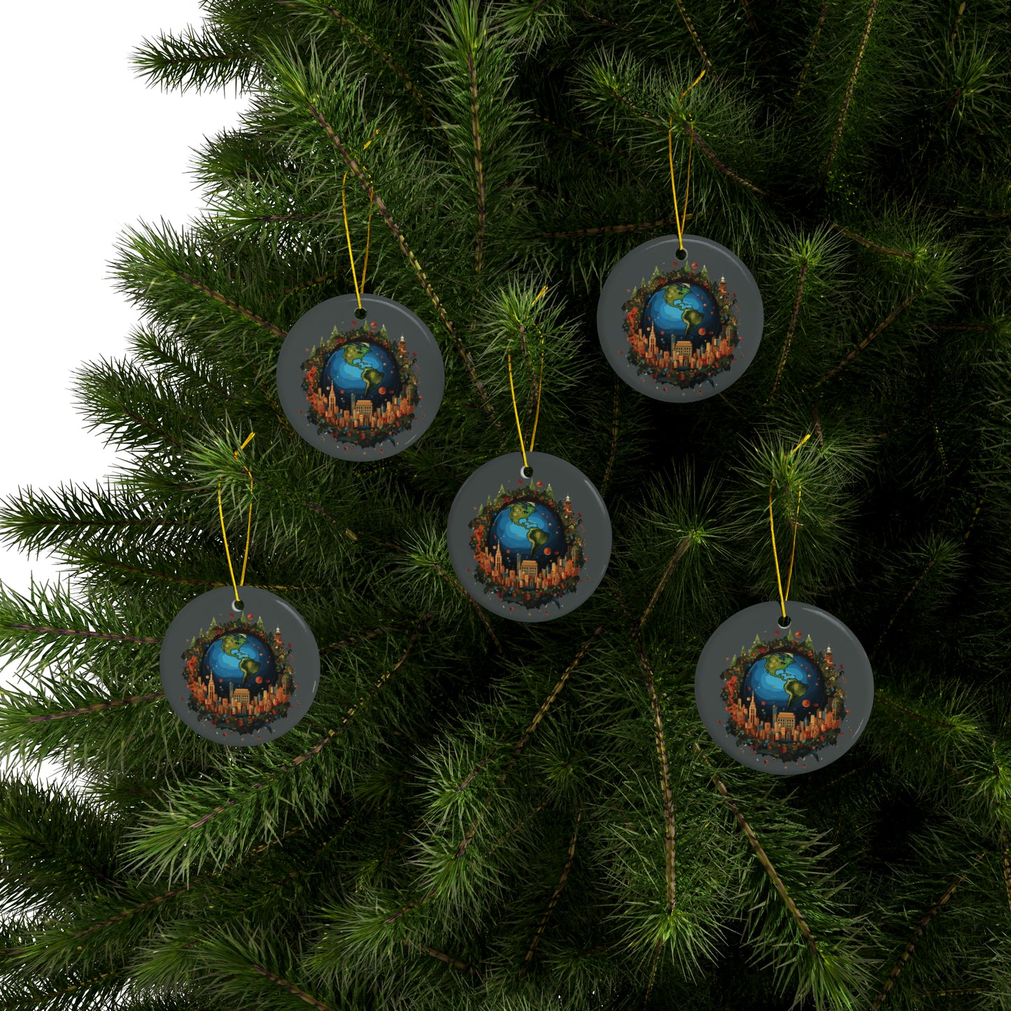 Earth in Christmas decorations and a big Christmas tree, dark grey Ceramic Ornaments (1pc, 3pcs, 5pcs, 10pcs)