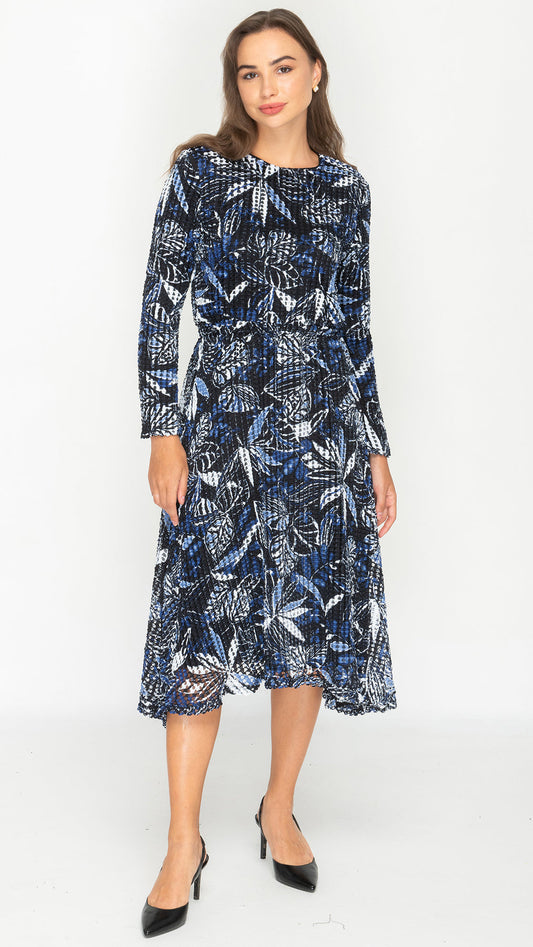 Royal Blue Textured Mesh Dress with 3/4 Sleeve