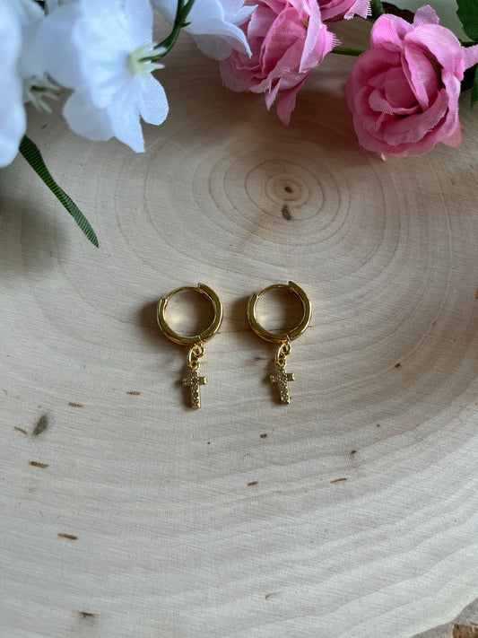 Gold Cross 18K Huggie Earrings Christian Jewelry