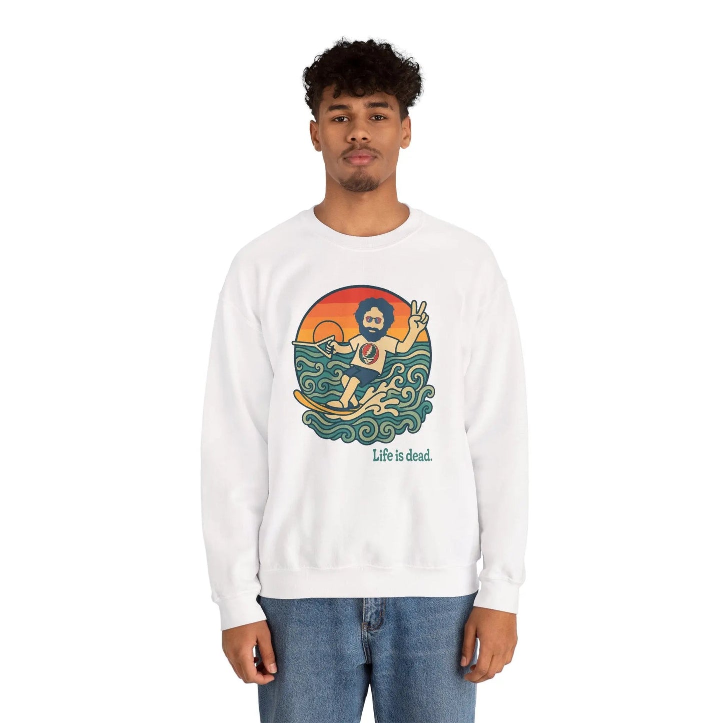 Life is Dead Crewneck Sweatshirt Heavy Blend Waterskiin' Jerry