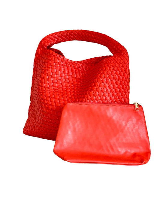 Large Woven Vegan Leather Tote Red/Orange Handbag The Willow