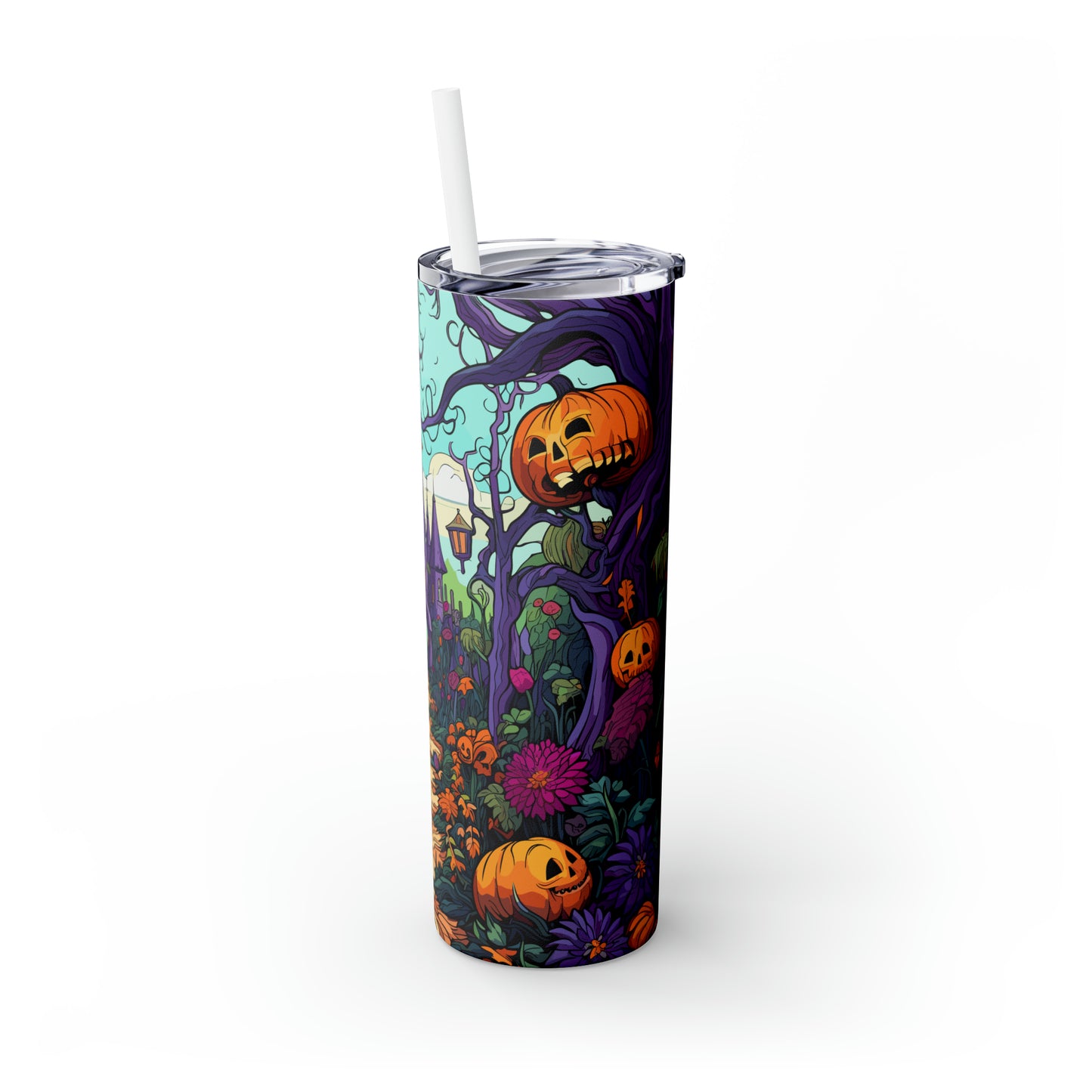 Halloween Skinny Tumbler with Straw 20oz - Spooky Drinkware - Hunted Theme - BPA-Free, Reusable Cup, Halloween Tumbler, Halloween Gift
