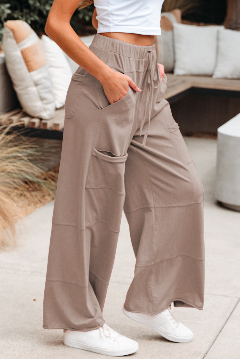 Smoke Gray Mineral Wash Wide Leg Cargo Pants with Drawstring Elastic Waistband
