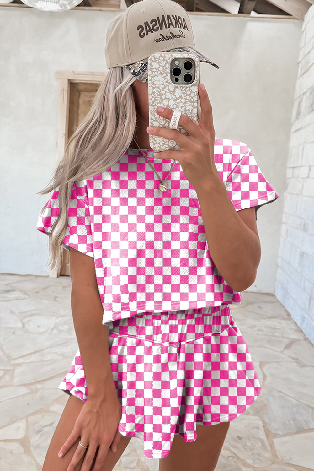 Luxury Checkerboard T Shirt and High Waist Skorts Set
