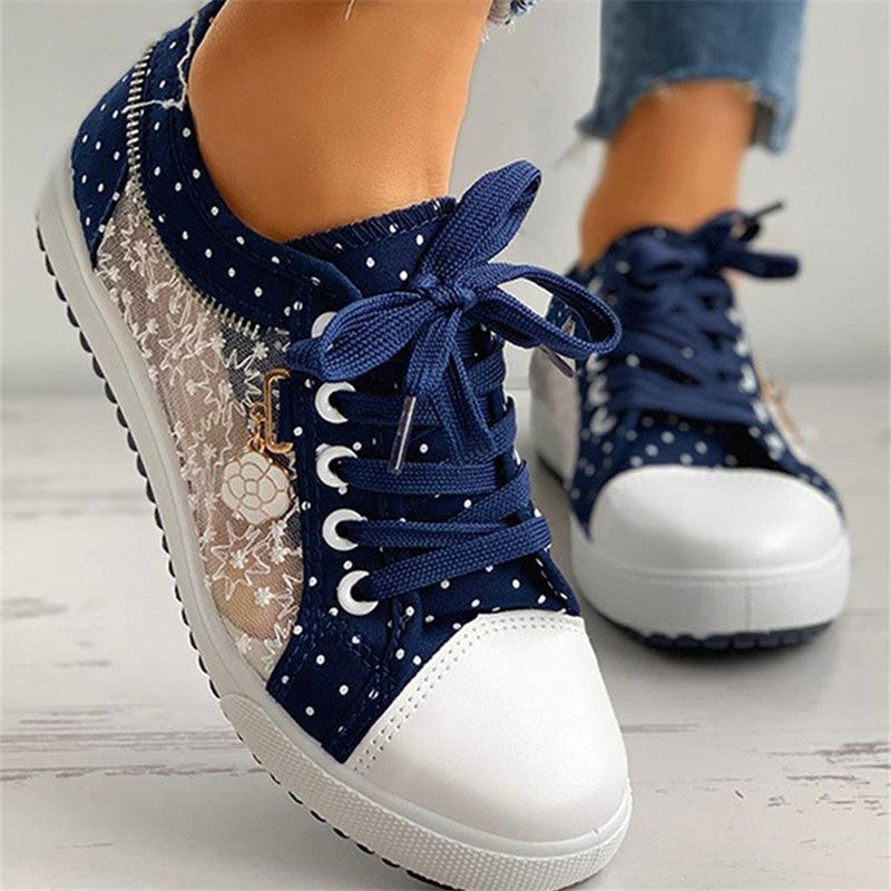 Floral Embroidered Polka Dot Print Sneakers Women's Casual Canvas Shoes