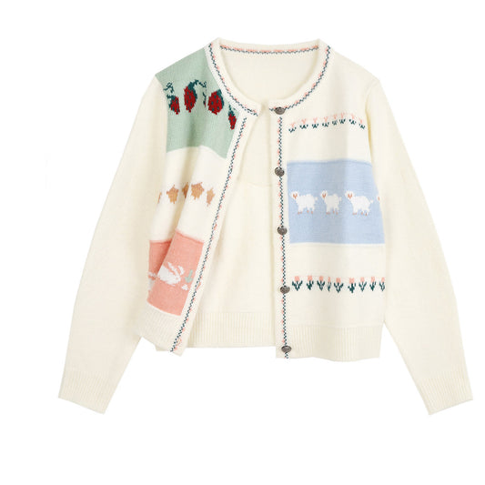 Strawberry Cardigan Sweater Beige Long Sleeve Round Neck Commuter Style Sick Peak