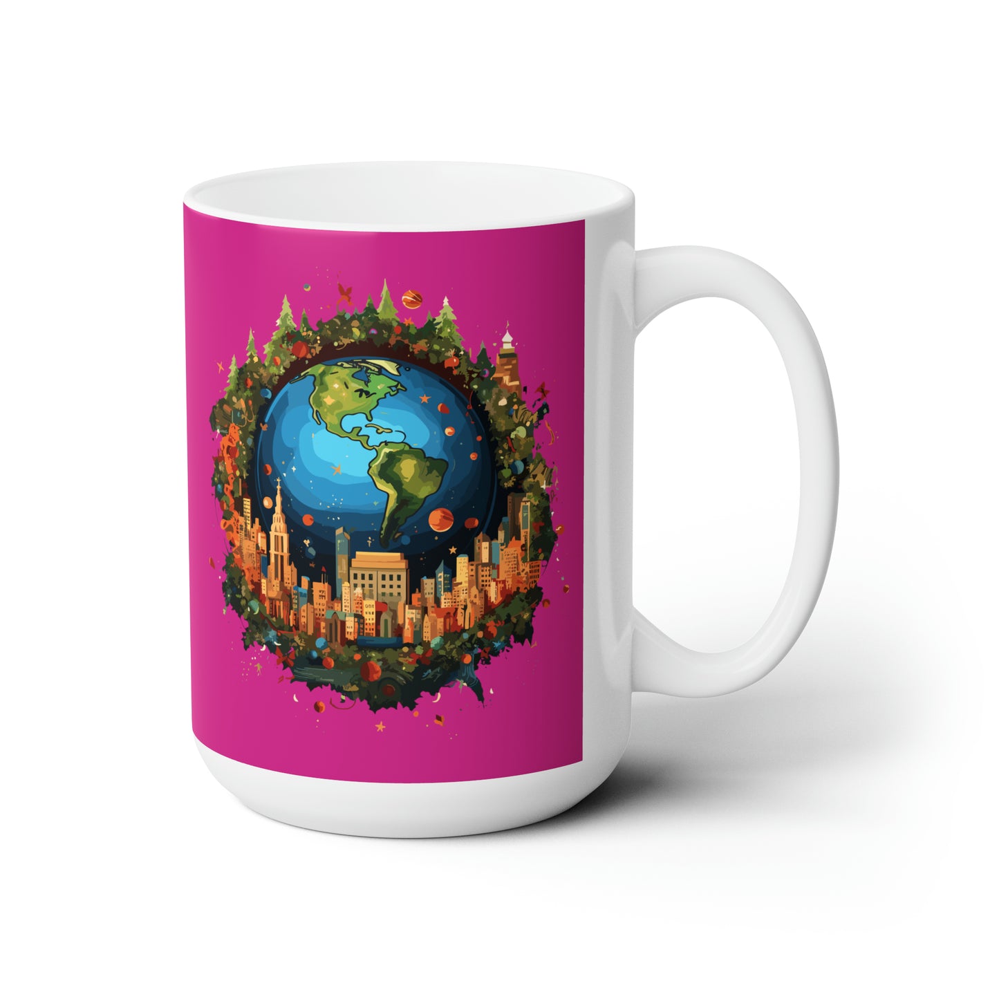 Earth in Christmas decorations and a big Christmas tree, Pink Ceramic Mug 15oz