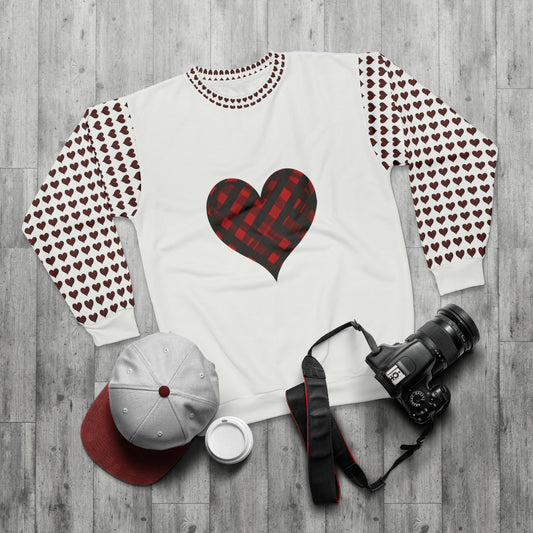 Valentine's Day best gift, red and black check heart shape design White Unisex Sweatshirt (AOP)