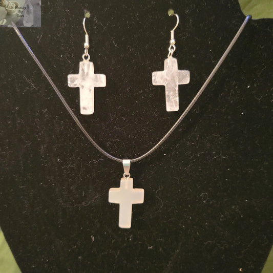 Clear Quartz Cross Necklace and Earrings Set