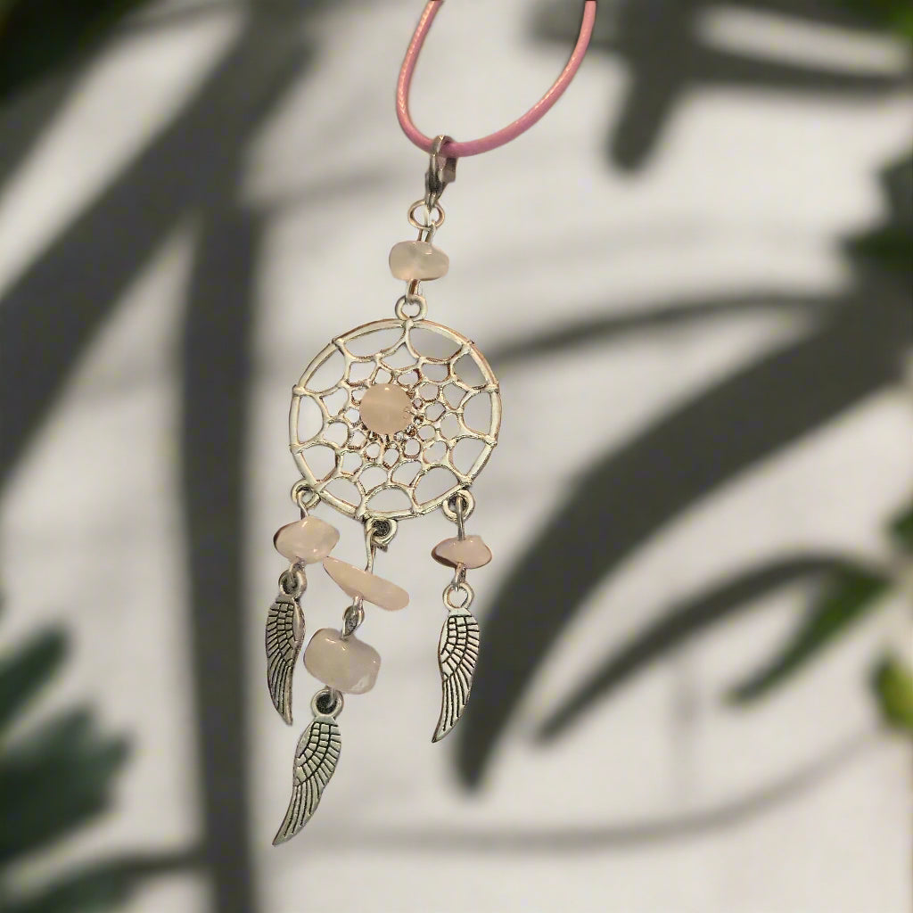 Rose Quartz Dreamcatcher Necklace Stainless Steel Jewelry