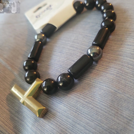 Onyx 8mm Beaded Bracelet Stainless Steel Spacer
