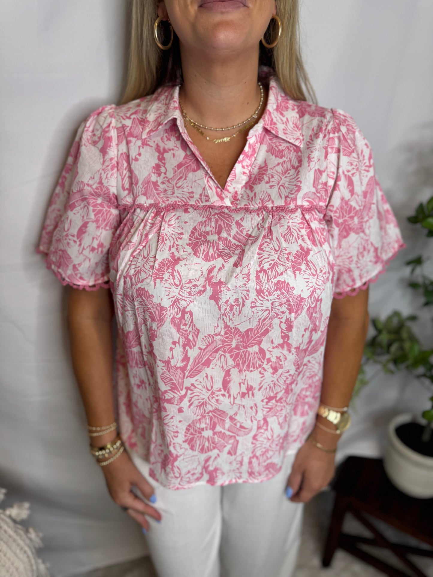 Tropical Breeze Pink Short-Sleeve Blouse