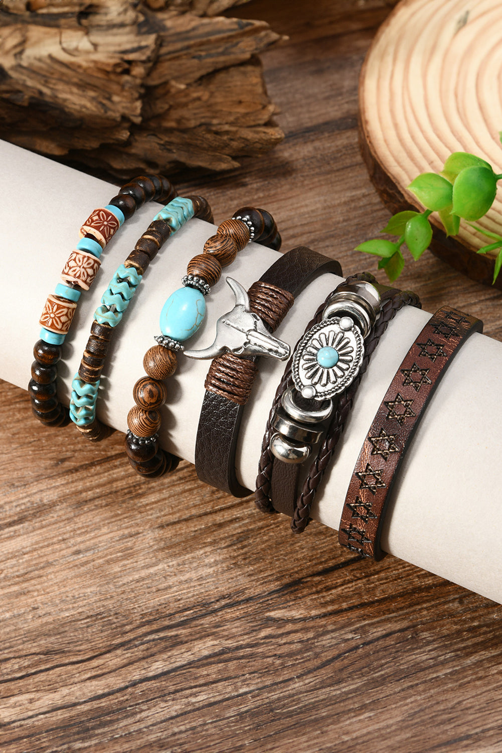 Chestnut Western Bull Skull Turquoise Beading 6 Piece Bracelet Set