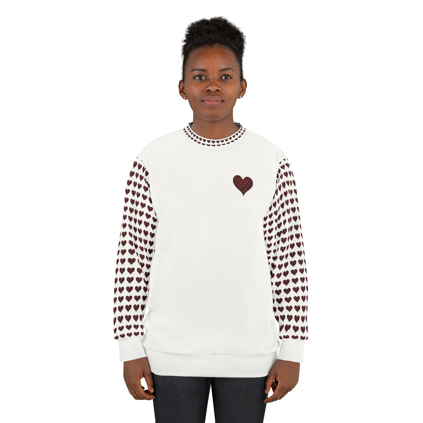 Valentine's Day best gift, red and black check heart shape design White Unisex Sweatshirt (AOP)