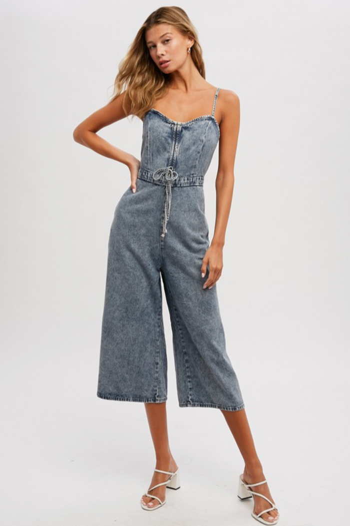 Acid Wash Denim Wide-Leg Jumpsuit