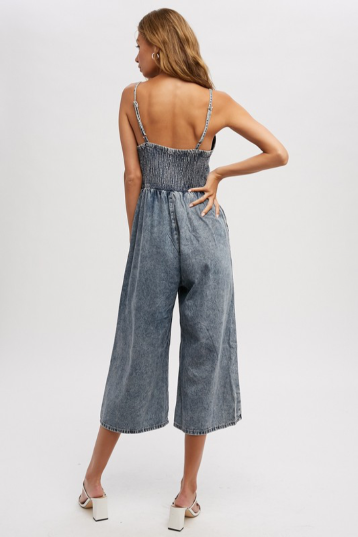 Acid Wash Denim Wide-Leg Jumpsuit